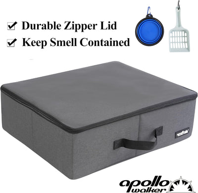 Portable Cat Travel Litter Box with Zipped Waterproof Bag,Collapsible Litter Carrier for Cat with Zipped Lid and Handle, No Leakage, No Smell, Easy to Carry and Use in Hotels, Car Gray