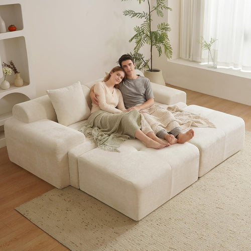 83.5" Boneless Loveseat with 2 Ottoman, Cloud Comfy Sofa Bed, Modular Sofa for Living Room, Apartment, Bedroom, Hotel, No Assembly Required (Beige) | 17" Thickened Seat, 2 Free Pillows, Durable Fabric, 15.4" Wider Armrests, Non-Slip Base