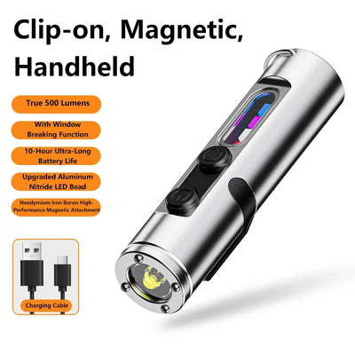 6-In-1 Multifunctional Keychain Flashlight COB Side Light Rechargeable Magnetic Work Light Window Breaker Emergency Tool