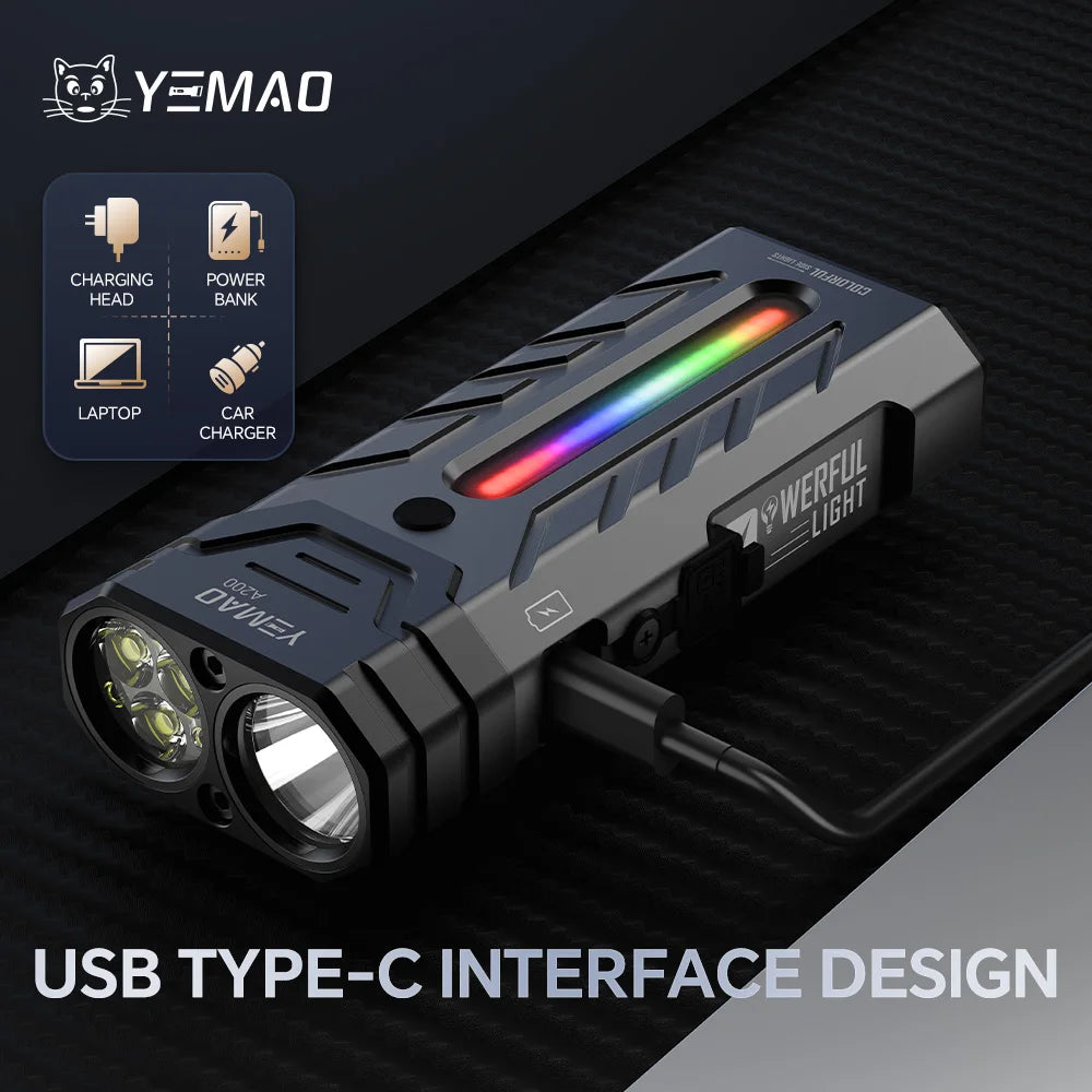 YM-A200M 5200LM Portable High-Performance LED Handheld Flashlight with Magnetic/Clip Torch Perfect for Outdoor Hiking Camping