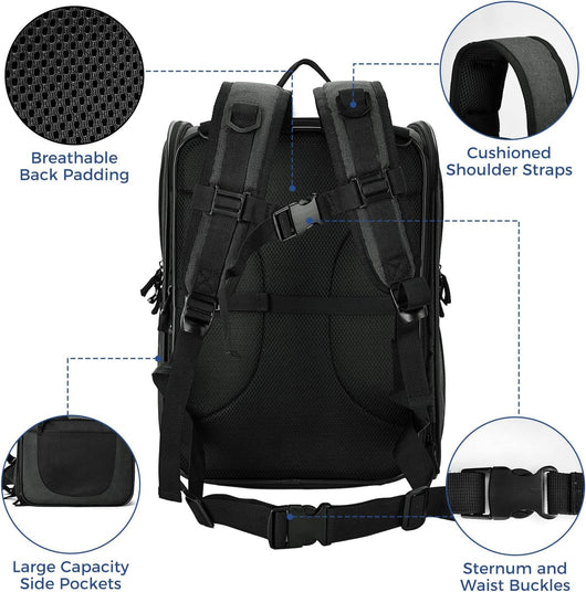 Pet Carrier Backpack for Large/Small Cats and Dogs, Puppies, Safety Features and Cushion Back Support for Travel, Hiking, Outdoor Use (Black-Expandable)