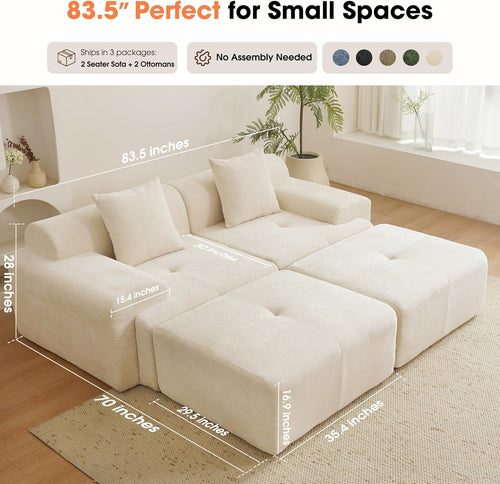 83.5" Boneless Loveseat with 2 Ottoman, Cloud Comfy Sofa Bed, Modular Sofa for Living Room, Apartment, Bedroom, Hotel, No Assembly Required (Beige) | 17" Thickened Seat, 2 Free Pillows, Durable Fabric, 15.4" Wider Armrests, Non-Slip Base